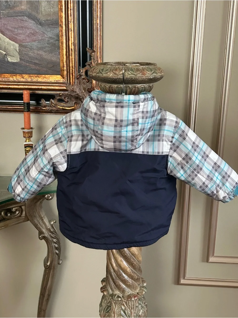 Carter’s Baby Polar Bear Winter Jacket Plaid Navy Fleece Lined Hooded 18M